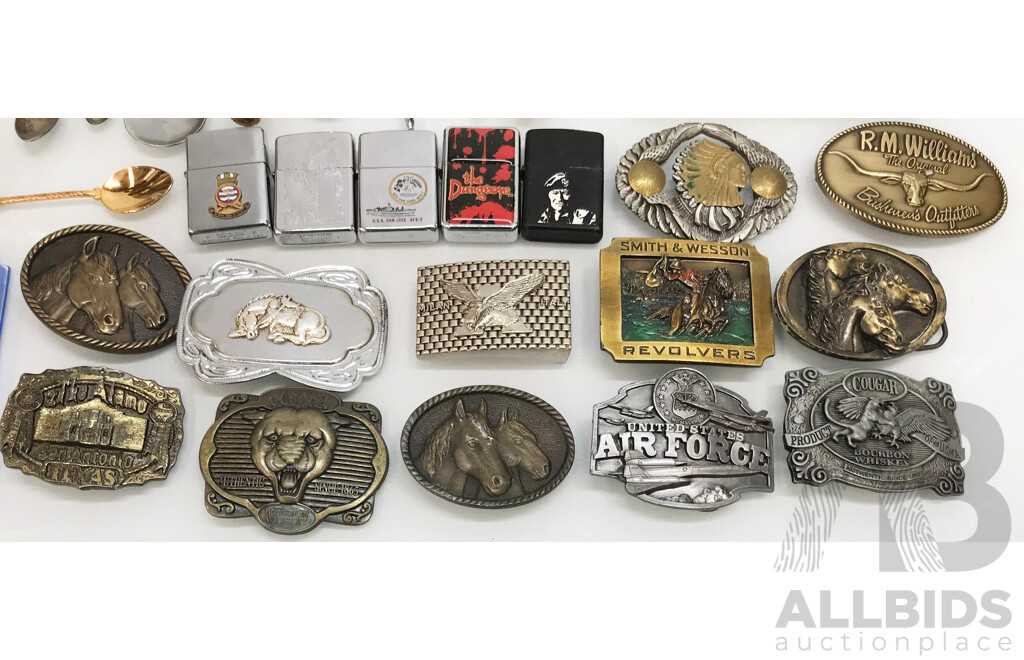 Selection of Assorted Lighters, Souvenir Spoons, Postcard Set, Belt Buckles, and Bottle Stoppers