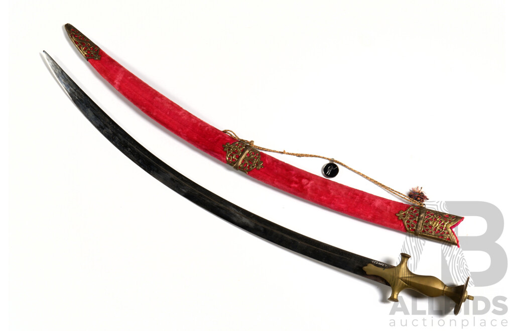 Indian Talwa Sword with Brass Handle and Velveteen Covered Scabbard