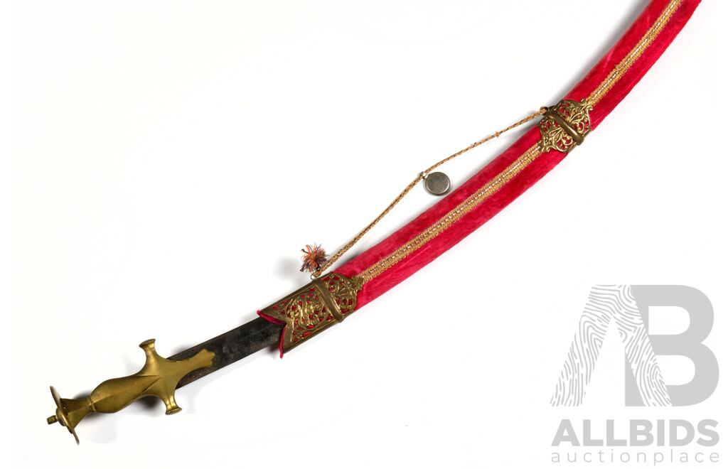 Indian Talwa Sword with Brass Handle and Velveteen Covered Scabbard