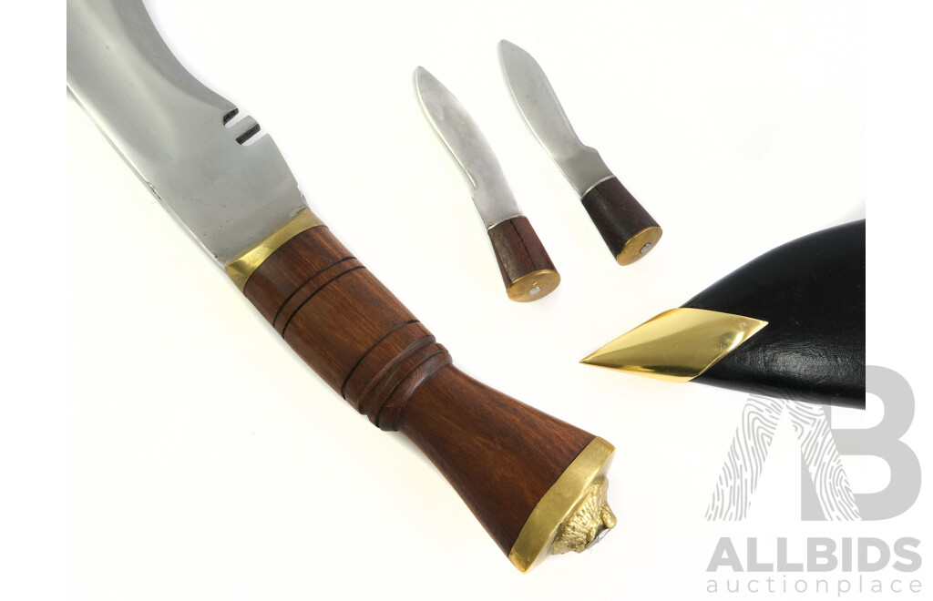 Nepalese Gurkha Kukri Knife with Two Smaller Knives in Leather Scabbard