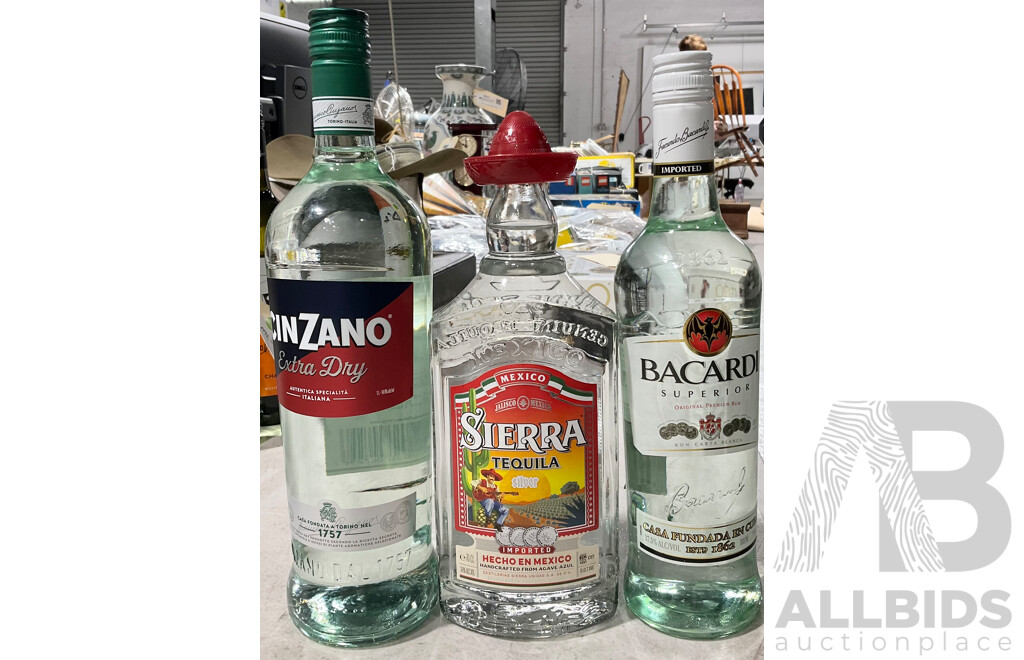 Three Bottles of Spirits Inc Chinzano Bacardi and Sierras Tequila