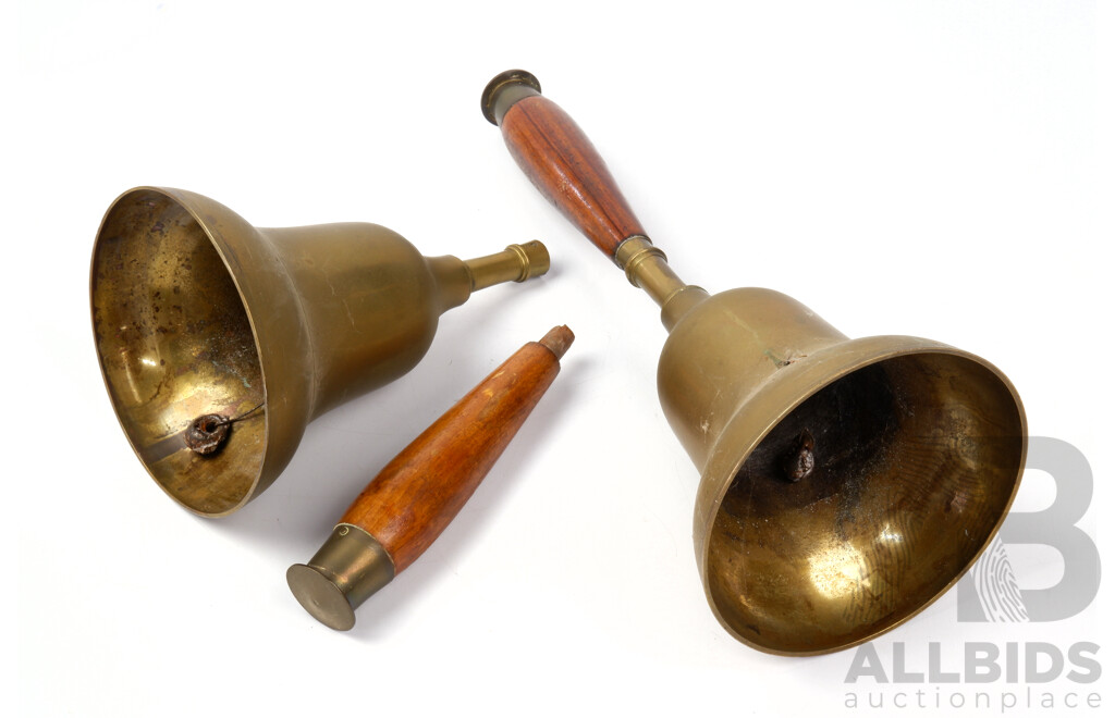 Pair Vintage Brass Bells with Wooden Handles