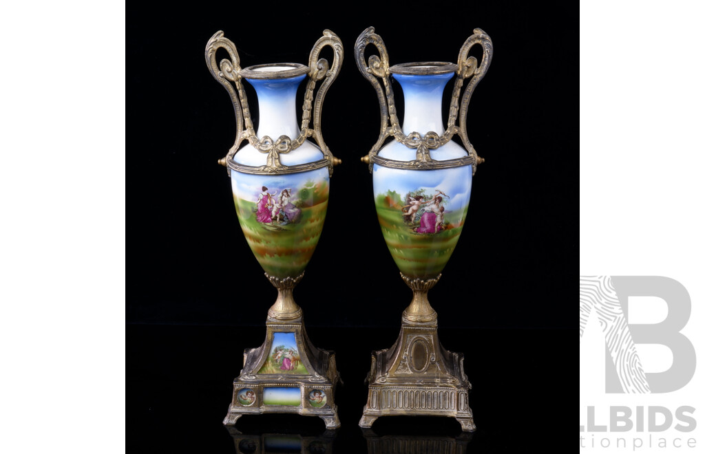 Pair Vintage Porcelain Vases with Brass Handles and Base