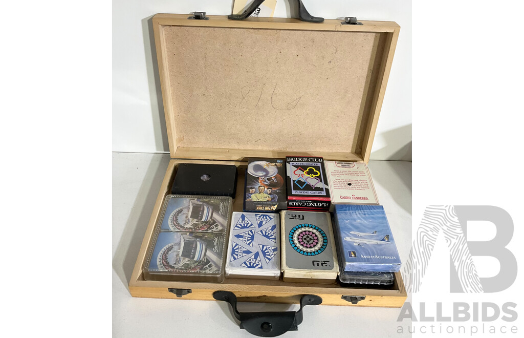 Collection PLaying Card Packs in Wooden Case Including Ansett, NZ Airways, Canberra Casino, Star Trac and More
