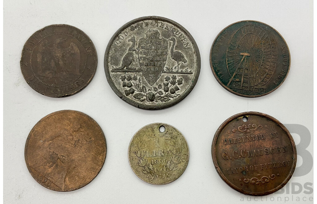 Collection of Antique Interntional Coins and Medallions France 1855 Six Centimes, UK 1898 One Penny, 1866 One Lira, 1905 Earls Court Wheel Medallion, 1887 Mayor of Fitzroy Queen's Jubilee Medallion, 1887 Australian Queen's Jubilee Medallion