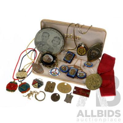 KGVI Coronation Disk with Collection of Vintage Membership Key Rings Tags, Harness, Trotting, Aviation, Police Clubs with Gold Tone Necklace and Athens Broaches, Pins and Bracelet