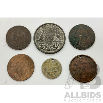 Collection of Antique Interntional Coins and Medallions France 1855 Dix Centimes, UK 1898 One Penny, 1866 One Lira, 1905 Earls Court Wheel Medallion, 1887 Mayor of Fitzroy Queen's Jubilee Medallion, 1887 Australian Queen's Jubilee Medallion