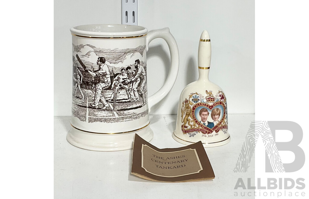 Franklin Porcelain the Ashes Tankard C.1982 and a Charles and Diana Commemorative Bell