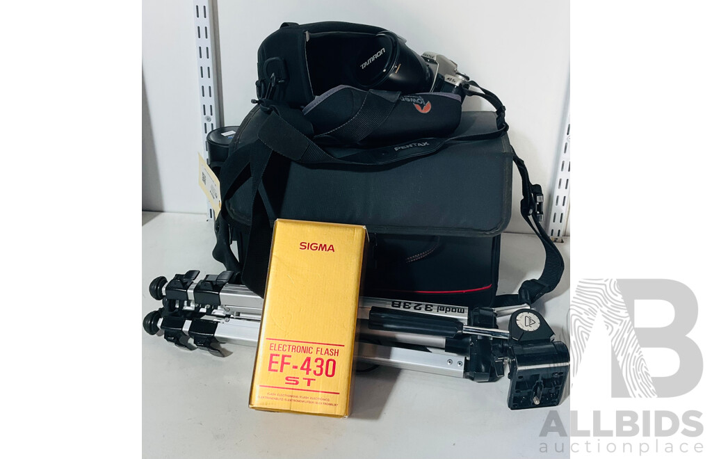 Large Collection of Photographic Gear Including Pentax MZ-5N Camera with Tamron Lens in Lowepro Carry Case Alongside a Larger Case, Another Lens in Case,  a Nikon L35 AF2 and More