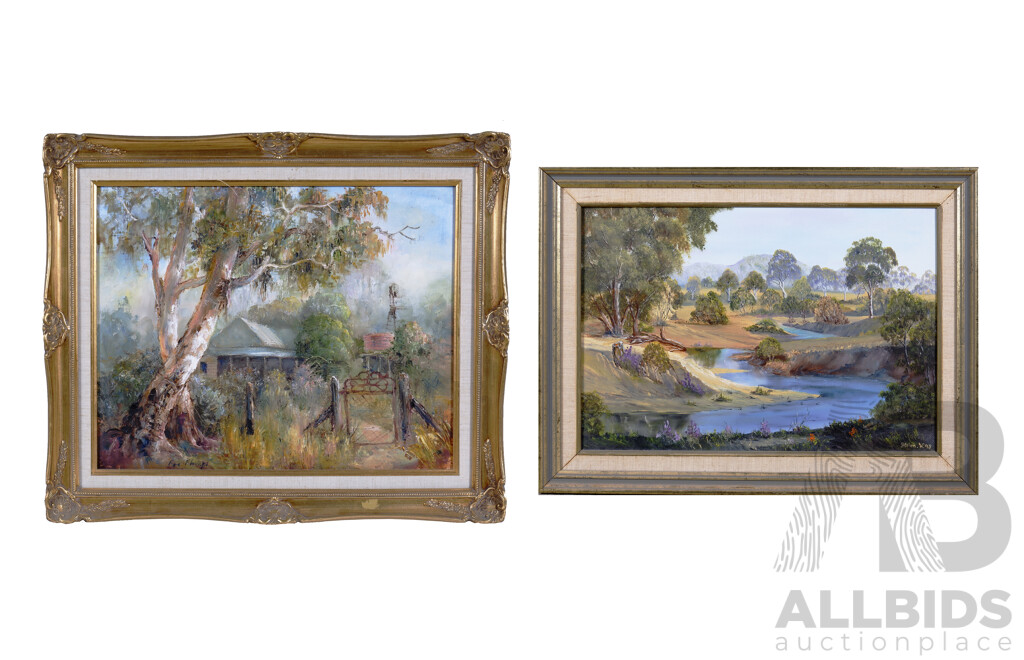 Two Australian Landscape Paintings, Signed F. Phillips & Helen .W (2)