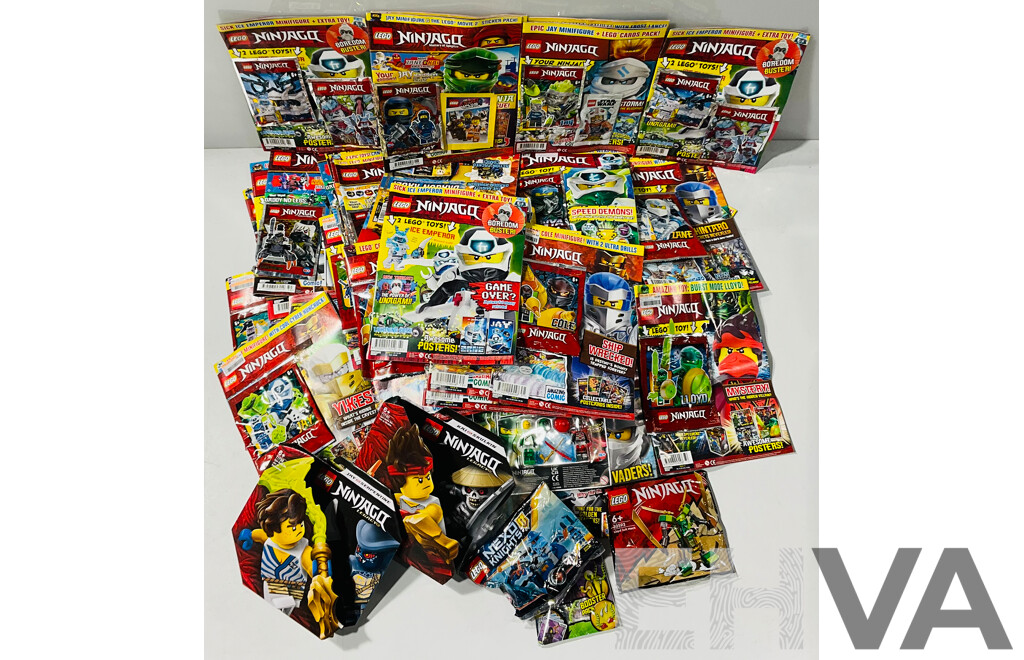 Very Large Quantity of Lego Ninjago Magazines, Most with Attached Lego Toy Alongside Ninjago Legacy 71730 and 71732, 30593 and 9552