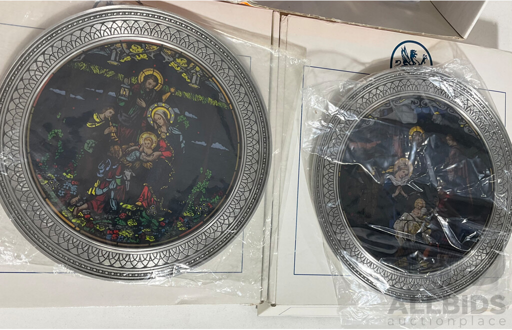 Two Rhodes Studio Pewter and Stainglass Plates and a Large Selection of Souvenir Spoons