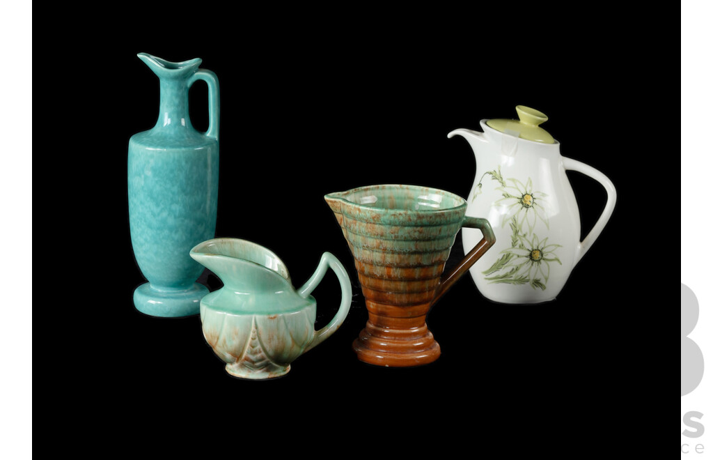 4 Diana Pottery Jugs, Includes One Covered Jug with Floral Decoration, and Three Vase Jugs
