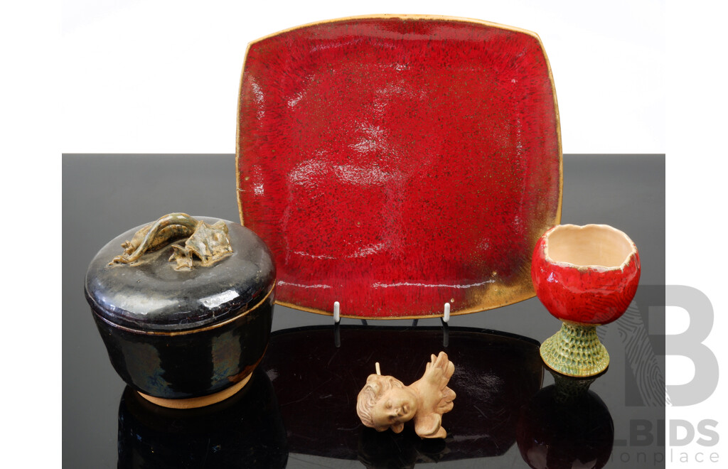 Australian Studio Pottery Square Lava Glazed Plate Along with Goblet, Lidded Gherkin Pot and Cherub Bust by Elizabeth Kalix (20th Century), Signed Verso