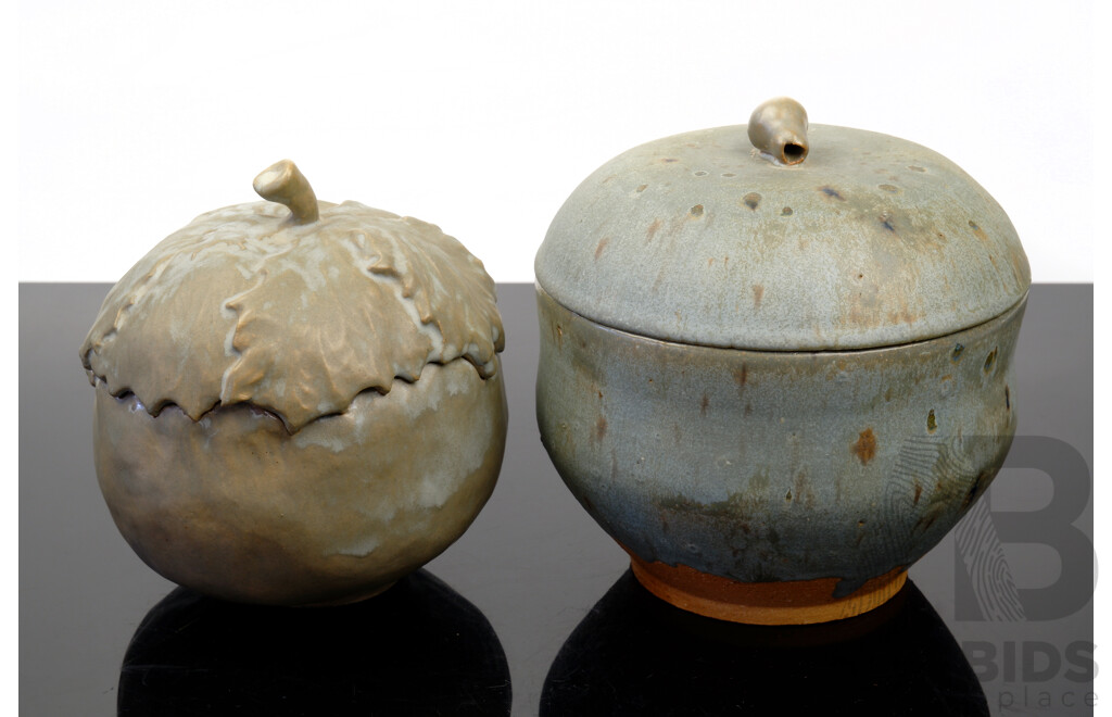 Australian Studio Pottery Lidded Pot with Gumnut Finial Along with Lidded Dish with Vine Leaf Motif by Elizabeth Kalix (20th Century), Larger Example Signed Verso