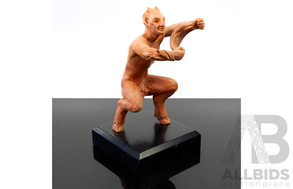 Australian Studio Pottery Faun Figure on Wooden Stand Attributed to Elizabeth Kalix (20th Century)