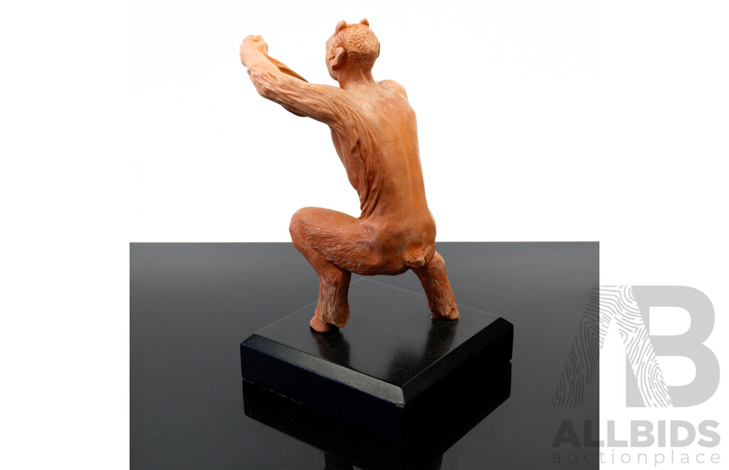 Australian Studio Pottery Faun Figure on Wooden Stand Attributed to Elizabeth Kalix (20th Century)