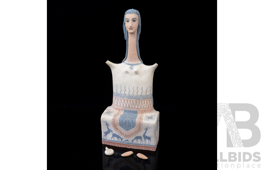 Australian Studio Pottery Figure with Deer, Solar Disks and Palm Tree Motif by Elizabeth Kalix (20th Century), Signed Verso