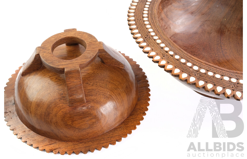 Two Graduating Hand Carved Trobriand Island Wooden Bowls with Mother of Pearl Detail to Rims