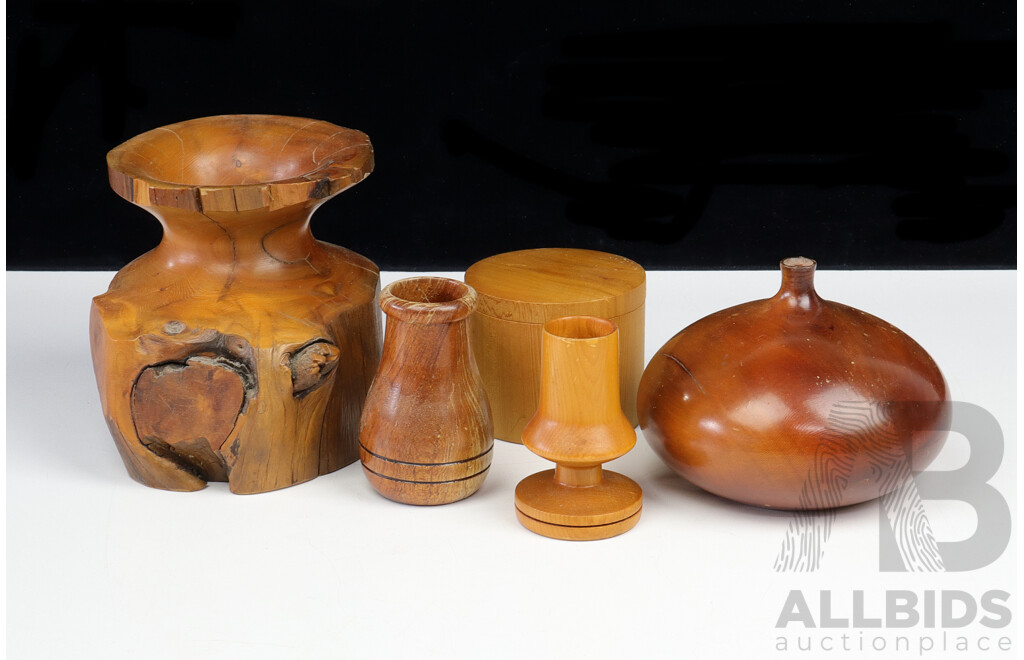 Collection Hand Turned Tasmanian Wooden Pieces Including Huon Pine  Larger Vase, Lidded Round Cannister and Candle Holder and More