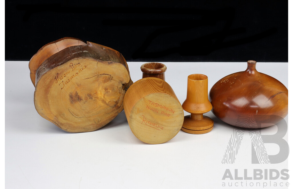 Collection Hand Turned Tasmanian Wooden Pieces Including Huon Pine  Larger Vase, Lidded Round Cannister and Candle Holder and More