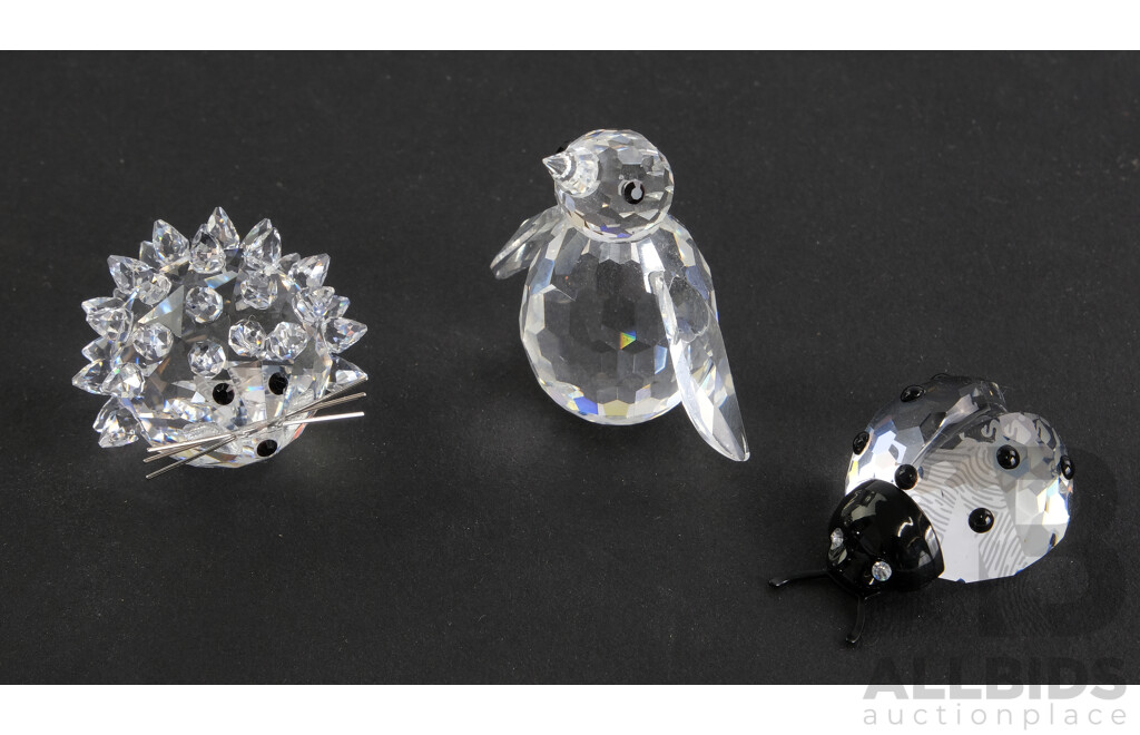 Collection Three Swarovski Crystal Miniature Animals Comprising Ladybird Beetle, Penguin, Echidna