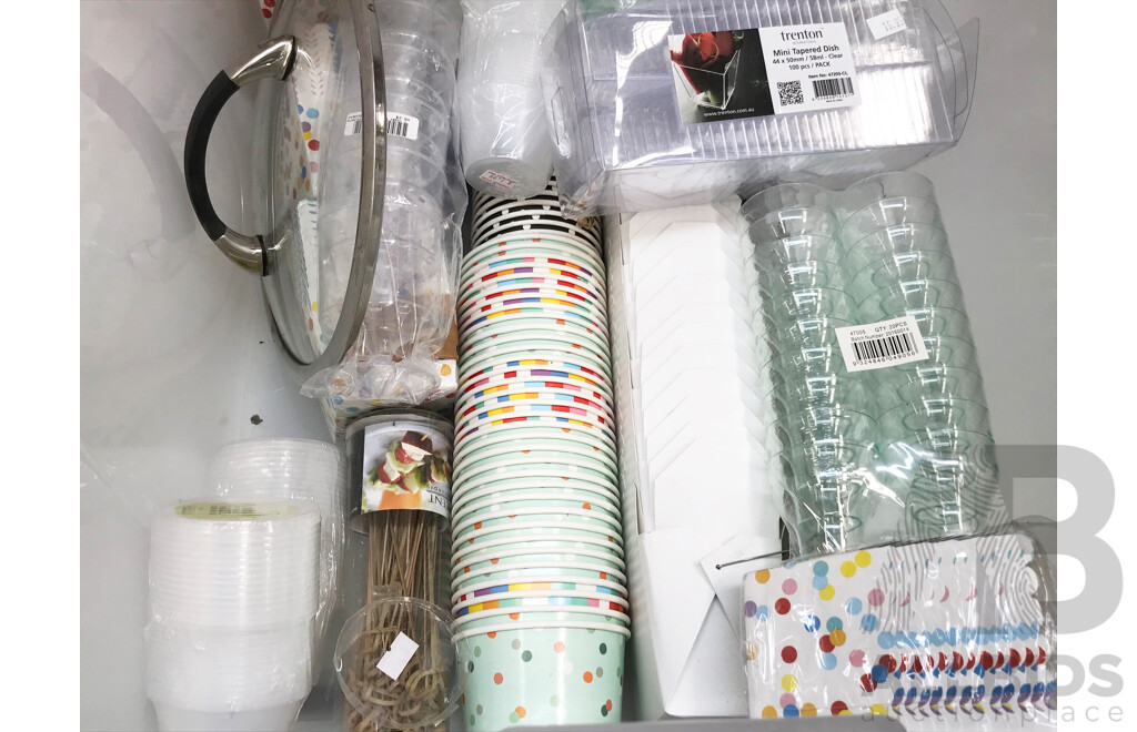 Assorted Lot of Disposable and Plastic Food Containers and Utensils