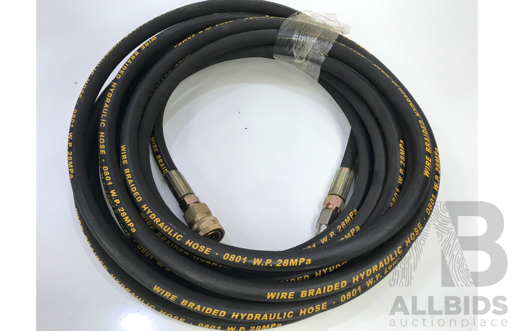 Wire Braided 1/2 Inch Hydraulic Hose with Couplings - 10 Meters - New