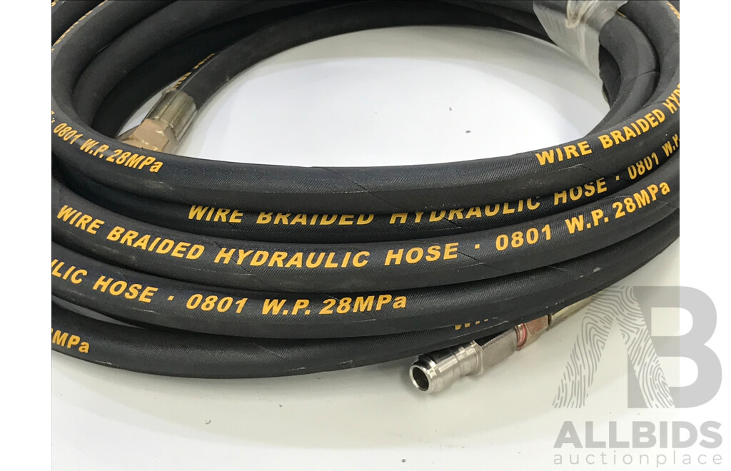 Wire Braided 1/2 Inch Hydraulic Hose with Couplings - 10 Meters - New