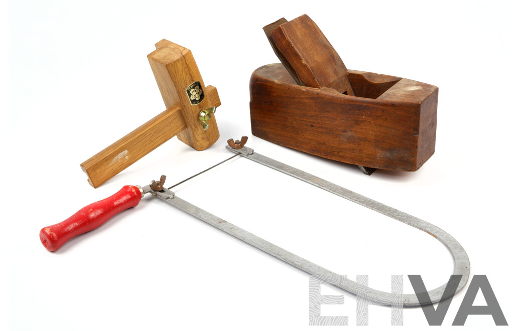 Selection of Traditional Cabinet Makers Hand Tools Including Antique Timber Bench Plane with Hearnshaw Cast Steel Blade, Vintage Japanese Mortice Gauge and a Timber Handled Fretsaw