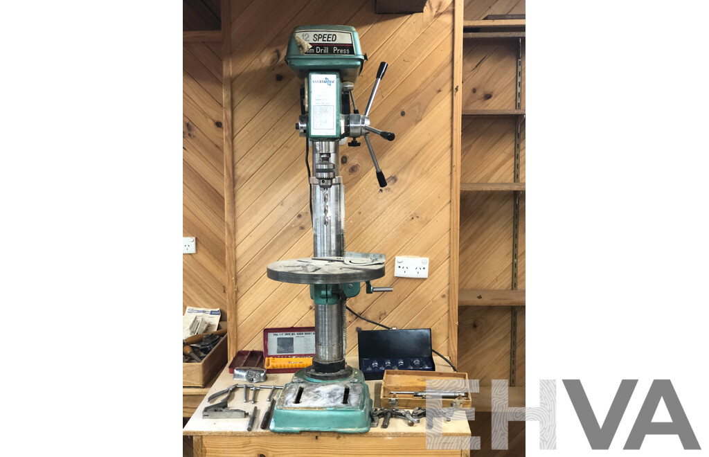 Vintage ET-16 Glentanner 12 Speed 16mm Drill Press with Vintage Hole Punchers and Socket Sets