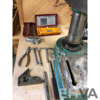 Vintage ET-16 Glentanner 12 Speed 16mm Drill Press with Vintage Hole Punchers and Socket Sets
