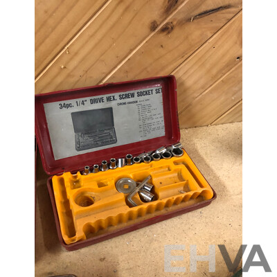 Vintage ET-16 Glentanner 12 Speed 16mm Drill Press with Vintage Hole Punchers and Socket Sets