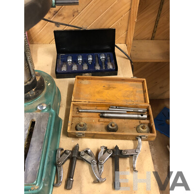 Vintage ET-16 Glentanner 12 Speed 16mm Drill Press with Vintage Hole Punchers and Socket Sets