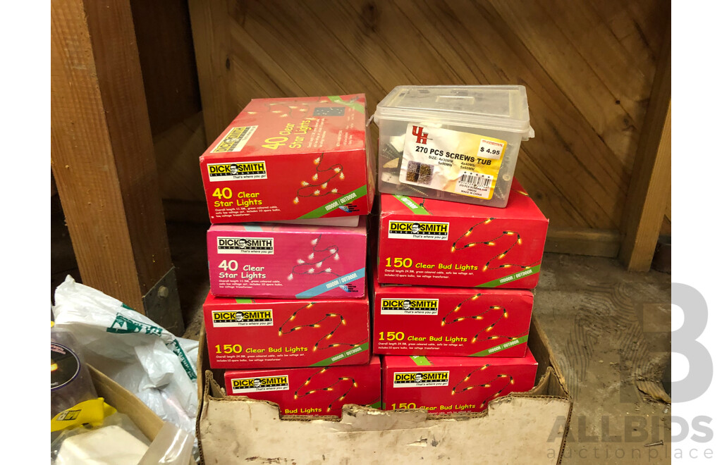 Collection Approximate 9x Boxes of Christmas Lights,  CCTV Waring Signs, Kingwood 6