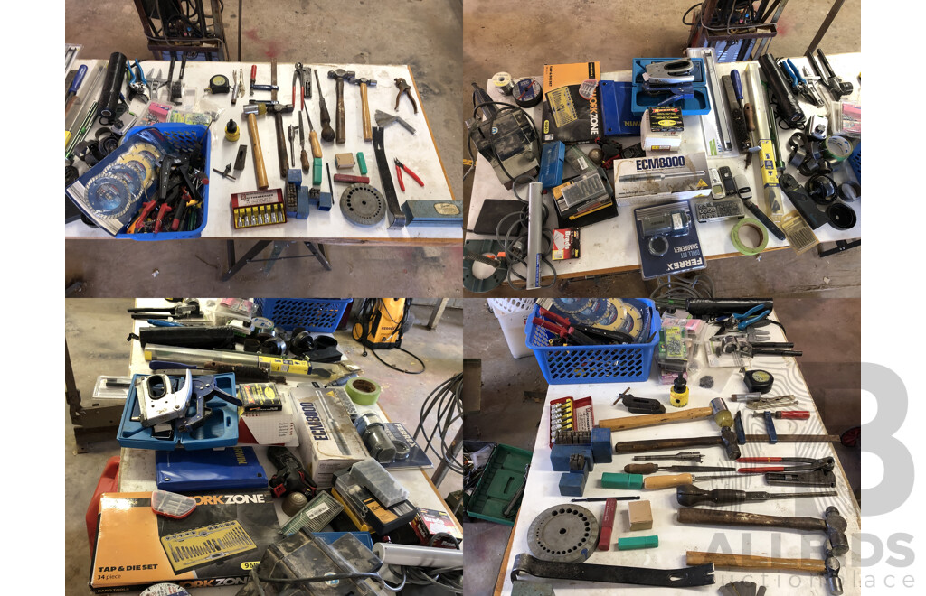 Assorted Table Contents of Stape Guns, Rothenberger 7 Piece Drive Set, Holesaws, Hammers, Belt Sander and More