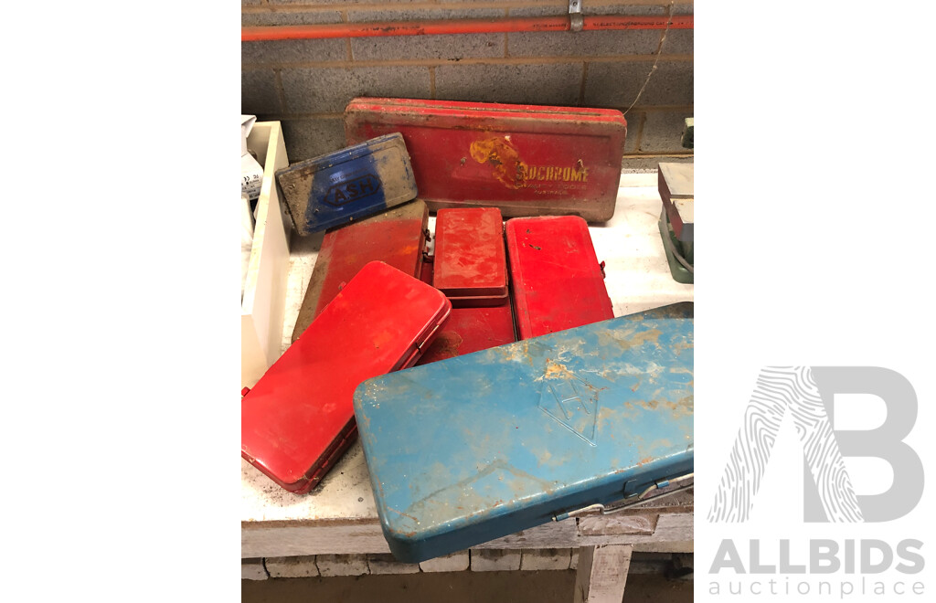 Collection of Vintage Sidchrome and Other Tin Tool Boxes and Carry Cases