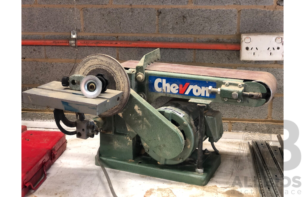 Vintage 240V Chevron Belt Linisher & AAA SY-6 Electric Bench Grinder with Attachment Board