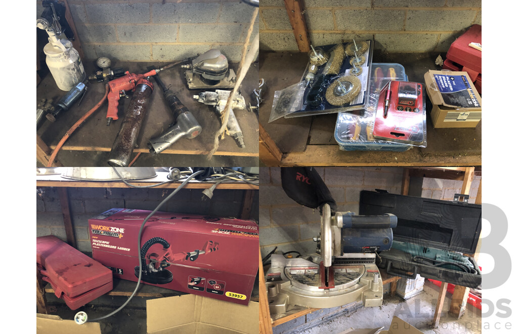 Assorted Contents on Bottom Shelf Including, Vintage Air Guns, Brand New Wire Brush Set, Workzone Telescopic Plasterboard Sander and More
