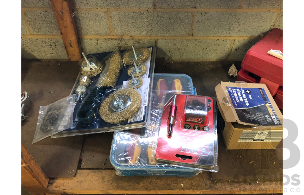 Assorted Contents on Bottom Shelf Including, Vintage Air Guns, Brand New Wire Brush Set, Workzone Telescopic Plasterboard Sander and More