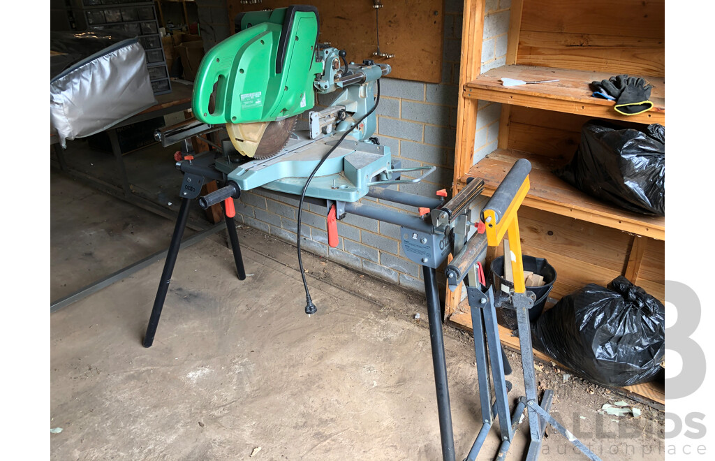 Hitachi C12FSA Drop Saw on a MSS-003 Ozito Mitre Saw Stand with Additional Roller Support Stands