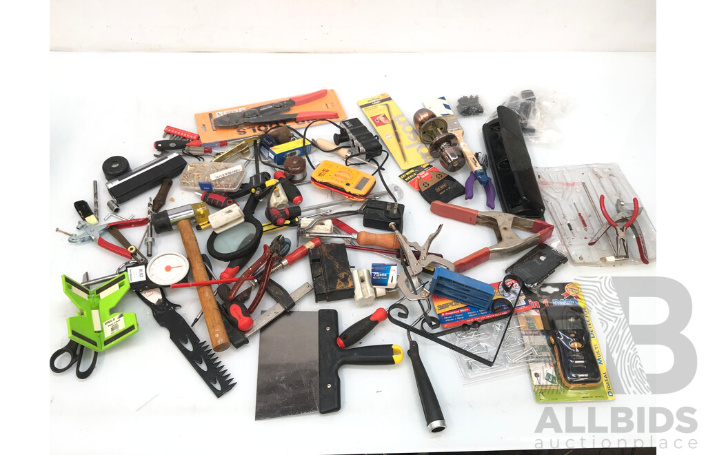 Box of Miscellaneous Tools and Goods Containing Crimps, Scrapers, Digital Multi Detector, CM1300 Power Tester