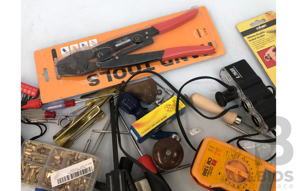 Box of Miscellaneous Tools and Goods Containing Crimps, Scrapers, Digital Multi Detector, CM1300 Power Tester