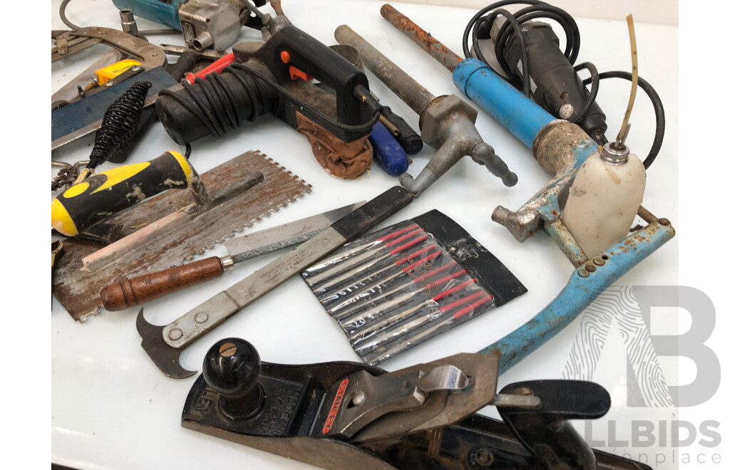 Box of Miscellaneous Tools and Goods Containing Specialist Saws, Stanley Wood Plain, Grease Guns, Grinders and Files