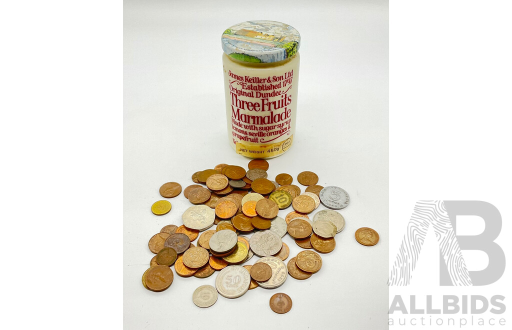 Collection of Australian Copper Coins with International Coins Including United Kingdom, Singapore, Indonesia and Vinatge James Keiller and Son Three Fruits Marmalade Jar