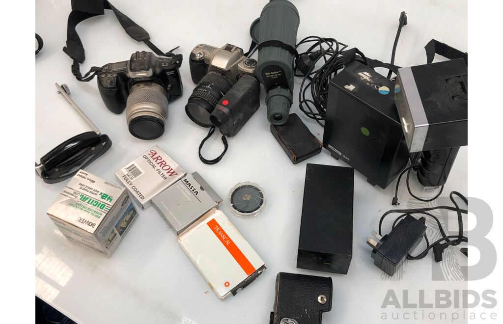 Large Assortment of Vintage Camera and Video Gear Including Sibir Optics Zoom, Pentax Camera, Mertz 402, Min Lta Dynax 300si and More