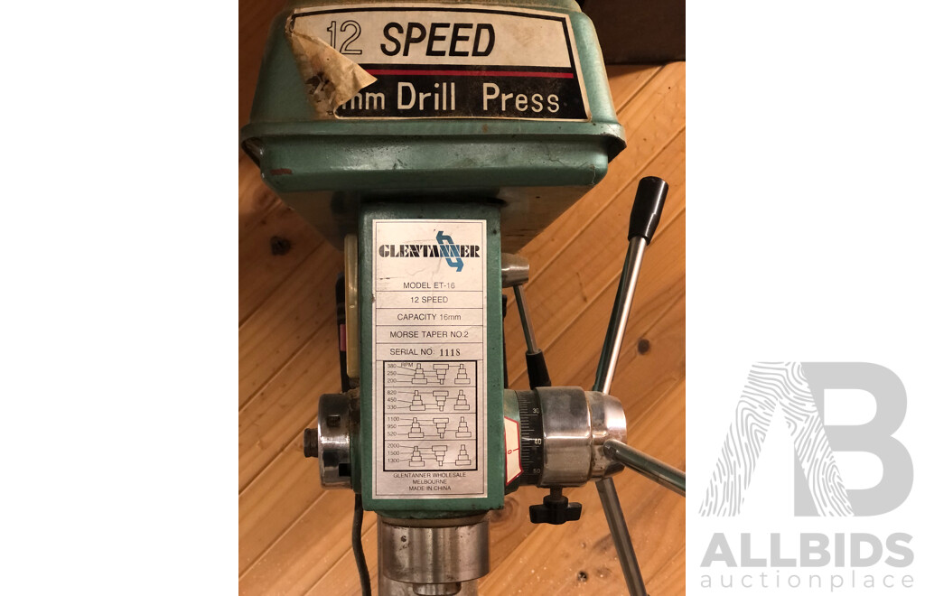 Vintage ET-16 Glentanner 12 Speed 16mm Drill Press with Vintage Hole Punchers and Socket Sets