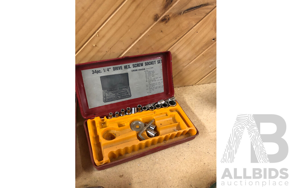 Vintage ET-16 Glentanner 12 Speed 16mm Drill Press with Vintage Hole Punchers and Socket Sets