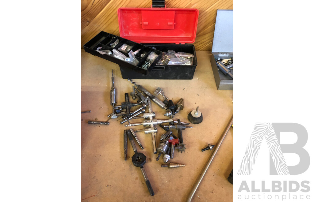 Collection of Mixed Drill/Hole Saw Bits and Assorted Hardware