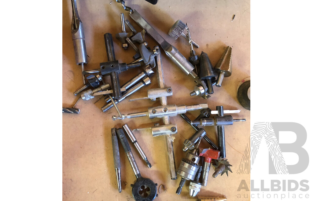 Collection of Mixed Drill/Hole Saw Bits and Assorted Hardware